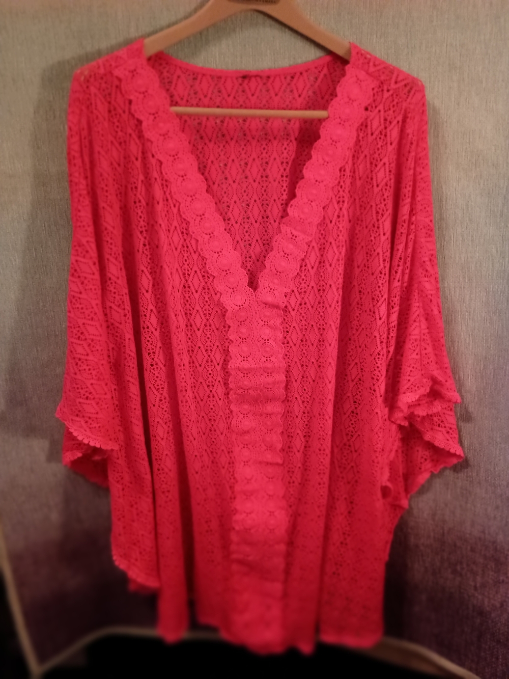 Source Unknown Coral Pink Crochet Kimono Swim Cover-Up